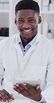 Tablet, black man and face of scientist in laboratory with confidence for medical research. Happy, digital technology and portrait of African male biologist with pride for pharmaceutical development.