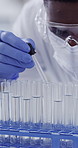 Black man, scientist and dropper with vial at laboratory, medical research and safety gear for virus sample. African person, tools and equipment with pharmaceutical innovation for vaccine development