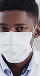 Scientist, face and syringe with liquid in lab for sample preparation, cell culture or dilution. Safety, black man or dispenser at work for medical research, molecular biology or chemistry innovation