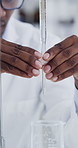 Black man, scientist and test tube with beaker for virus cure, review or medical research for healthcare innovation. Person, equipment and tools with particle, pharma study and vaccine development