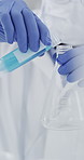 Sample, hands and scientist in laboratory with research for medical innovation with beaker. Glass vial, person and chemist with liquid solution for pharmaceutical development with clinic results.