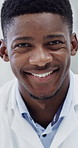 Microscope, black man and face of scientist in laboratory with confidence for medical research. Happy, biotechnology and portrait of African male biologist with pride for pharmaceutical development.