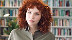 Bookshelf, education and face of serious woman in library for development, learning or research. College, scholarship or university with student person on campus for information, knowledge or study