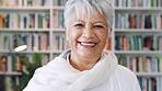 Creative, face and woman with pride in library, education or happy for publishing career development. Bookstore, author and mature person with knowledge, laughing and confident with literacy job