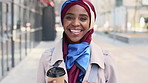 Black woman, smile and face with hijab in city for business trip, pride and travel for real estate job. Muslim person, happy and African realtor with headscarf, portrait or property career in Nigeria