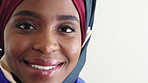 Face, dental health and muslim black woman in studio, oral wellness or smile on white background. Portrait, hijab and happy person with perfect teeth for gum hygiene, veneers and dentistry with space