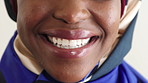 Face, teeth and muslim black woman with dental care, oral wellness or smile for orthodontics. Happy, hijab and person with clean mouth for gum hygiene, veneers and dentistry with health in studio
