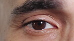 Blink, eye and vision with man closeup for optometry appointment or medical checkup. Healthcare, optical and eyesight with patient at ophthalmology clinic for visual assessment, correction or exam