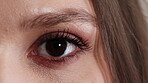 Optometry, face or eye with examination, closeup or glaucoma screening in vision care. Portrait, blink or woman with optical function, eyesight assessment or visual tracking for ocular wellness.