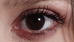 Optometry, face or eye with examination, blink or glaucoma screening with vision assessment. Portrait, closeup or woman with optical function, eyesight care or visual tracking for ocular wellness.