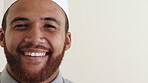Wellness, face or Muslim man with laugh, positive attitude or optimism on weekend break. Humor expression, mockup space or Arab person with good mood, confidence and satisfaction on studio background