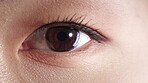 Optometry, face or eye with assessment, closeup or glaucoma screening in vision examination. Portrait, blink or person with optical function, eyesight care or visual tracking for ocular wellness.