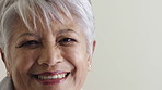 Face, teeth and old woman with dental care in studio, oral hygiene and orthodontics with smile. Portrait, clean mouth and happy senior person with fresh breath, mockup space and white background