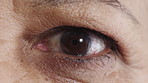 Face, eye and closeup with old woman for optometry, perception and awareness for eyesight. Portrait, elderly person and retina with peripheral, iris examination and optical care for visual health