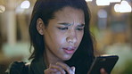 Woman, phone and texting at night in city with scroll, confused or wait with taxi booking on travel. Girl, click and check notification for transport, mobile app and social media post in urban town