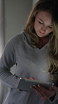 Scroll, online and woman with tablet in bedroom, connection and bonding with pet on weekend in house. Browsing, info and happy person with tech, typing and affection for domestic animal in apartment
