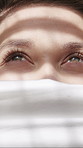 Woman, vision and eye test with closeup for optometry examination, visual perception or wellness. Female person, thinking or ophthalmology evaluation for retina assessment, optical health or eyesight
