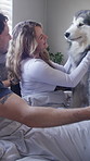 Hug, smile and couple with dogs in bed for bonding, animal companion and play together for connection. Support, security and happy people with embrace for wellness, stroke pets and care in home