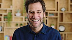 Face, teacher or happy man with laugh in library or study for education, learning or development. Portrait, male person or academic tutor with smile or pride for creative growth, career or job