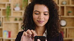 Creative, businesswoman and research with phone in office, scroll or monitoring blog post engagement. Social media manager, reading and happy person with mobile for ad schedule, typing and online