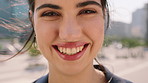 Face, student and woman in city with smile, pride and travel for university education. Portrait, female person and commute for exchange program in town, positive attitude and scholarship for learning