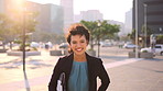 Face, corporate and happy businesswoman in city, financial accountant or funny worker with investment. Portrait,  person or auditor laugh outdoor with wind, about us and bookkeeping professional