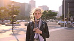Face, student or woman with phone in city for education, connectivity or commute to college campus. Portrait, reading or happy scholar with mobile for networking, class schedule or travel to school