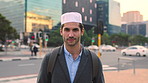 Face, professor and man in city for education, career pride and about us for teaching at university. Portrait, muslim or male teacher in town with ambition, learning support and experience at college