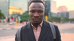 Face, lawyer and black man in city, about us and property conveyancing on morning commute. Portrait, real estate attorney or confident person outdoor for justice, legal aid or law professional