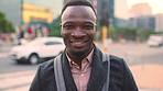 Commuting, face or businessman in city with smile, good mood or confidence in property management. Happy, black person or realtor with portrait, positive attitude or career pride with town travel.