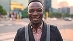 Commuting, face or businessman in city with laugh, good mood or confidence as property seller. Happy, black person or real estate agent with portrait, positive attitude or career pride in town travel