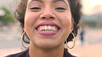 Face, student and woman in city with smile, commute and positive attitude for university education. Happy, female person and outdoor in urban town for study, learning knowledge and travel to college.