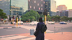 Backpack, commute and muslim woman in city for university, higher education or travel for studying. Academic, opportunity and islamic student in town for college, trip and scholarship for learning