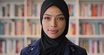Face, student or Muslim woman in library with college education, knowledge or vision for development. Islamic person, thinking or study at university campus with reflection, learning or future growth