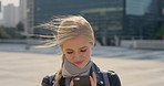 Phone, student and woman in city, smile or check post for education curriculum on internet. Mobile, reading and happy person outdoor with academic app, scholarship review and upskill course with wind