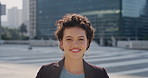 Commute, smile or businesswoman in city with face, good mood or confidence in advertisement industry. Happy, space or marketing clerk with portrait, positive attitude or career pride in urban travel.