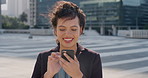 Phone, funny and business woman in city, real estate notification and scroll post on internet. Mobile, realtor and happy person outdoor, property listing and laughing at meme online with wind