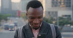 Phone, teacher and black man in city, reading or check post for education curriculum on internet. Mobile, commute and happy person outdoor with academic app, development review and scroll schedule
