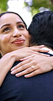 Marriage, hug and couple smile on wedding day with love, care and commitment to relationship. Happy bride, groom or people together for union outdoor in park with romance, thinking and gratitude