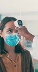 Doctor, patient and digital thermometer for healthcare screening, safety compliance and covid. Machine, medical worker and temperature test, clinic or check woman for virus prevention with face mask