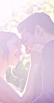 Marriage, hug and couple touch on wedding day with love, care and commitment to relationship. Happy bride, groom or people together for union outdoor in park with romance, flare and gratitude