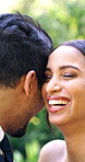 Marriage, dance and couple laugh on wedding day with love, care and commitment to relationship. Happy bride, groom or people together for union outdoor in park with romance, celebration and gratitude