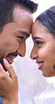 Marriage, veil and couple smile on wedding day with love, care and commitment to relationship. Happy bride, groom or people together outdoor in park with romance, forehead touch and gratitude