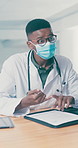 Mask, doctor or patient with discussion for consultation, medical aid info or signature for consent form. Writing, people or gp with permission for diagnostic test, contact details or ppe in clinic