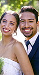 Marriage, face and couple smile on wedding day with love, care and commitment to relationship. Happy bride, groom or people together for union outdoor in park with romance, portrait and connection
