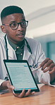 Doctor, checkup and person in office with tablet screen, medical report and policy for treatment. Man, consulting or patient in hospital with digital, insurance application and checklist for symptoms