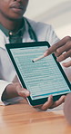 Hands, doctor and person in office with tablet screen, covid survey and compliance for treatment. Man, consultation and patient in hospital with digital, corona evaluation and checklist for symptoms