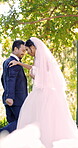 Dancing, bride and groom with laughing in park, goofy moment and wedding tradition for celebration. Outdoor, funny move and happy people with couple union on special day, love and marriage commitment