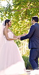 Dance, wedding or couple with laugh in park, marriage commitment or ceremony tradition for celebration. Outdoor, happy and playful people with bonding on special day, love and moving together for fun