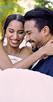 Carrying, bride and couple on wedding day, laughing and playful with partner in garden for ceremony. Outdoor, romance and happy people with marriage commitment, fun or celebration with forehead touch